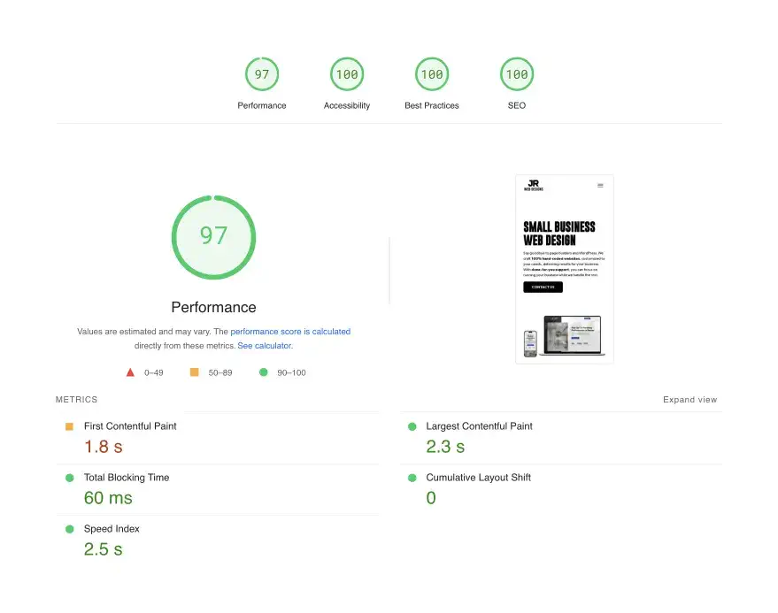 Shows Google PageSpeed results showing 100s across the board